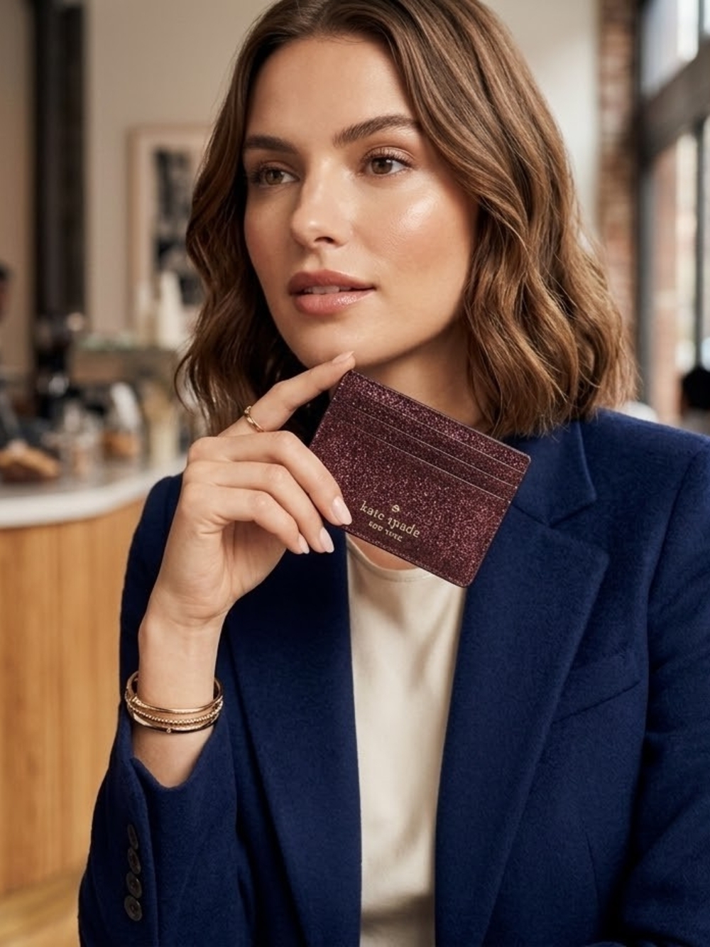 kate spade Glitter Cardholder in Deep Plum/ Burgundy Wine